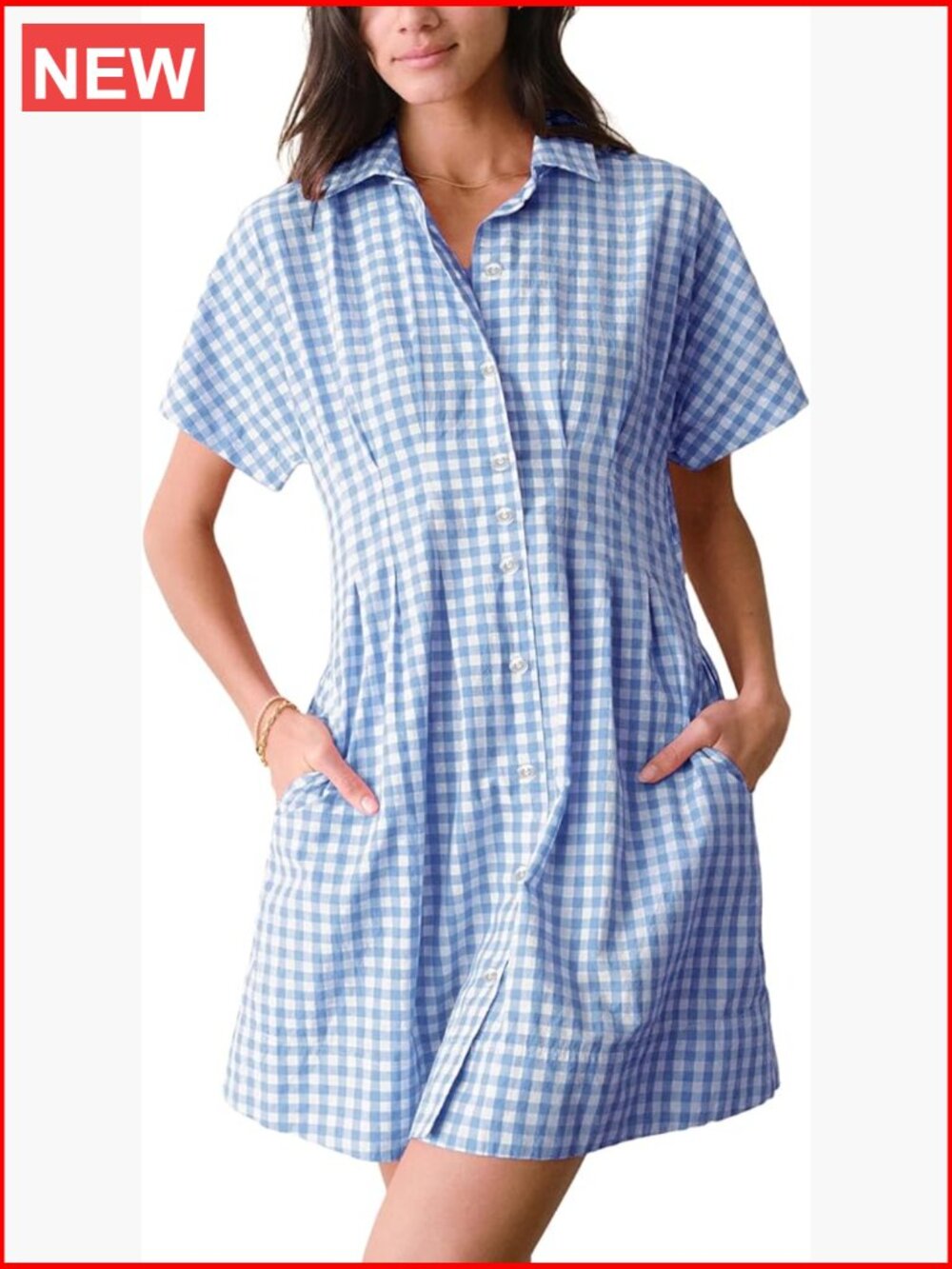 Women Mini Shirt Dress Gingham Plaid Short Sleeve Pleated Button Down Summer